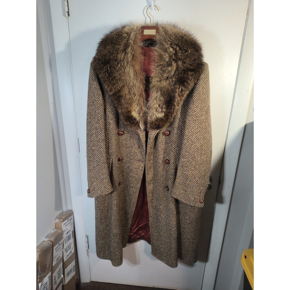 VTG 70s Sears Donegal Tweed Wool Overcoat Fur Collar Mens Double Breasted Trench
